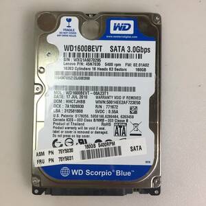 □3042時間 WesternDigital WD Scorpio Blue WD1600BEVT 2.5インチHDD 『正常判定』160GB