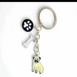 □パグ★キーリング♪キーホルダー☆チャーム付き♪骨★アクセ★犬好き☆プレゼント★新品未使用品★送料無料◇