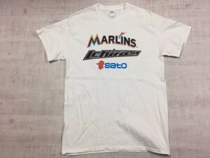 レア マイアミ・マーリンズ MARLINS × イチロー sato 佐藤製薬 ユンケル黄帝液CM 企業物 半袖Tシャツ カットソー メンズ M 白