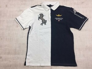 AERONAUTICA MILITARE 伊ブランド ミリタリー アメカジ 刺繍 2トーン 配色切替 鹿の子 半袖ポロシャツ メンズ L 紺/白