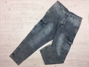 MAN BRAND レトロ ストリート テーパード USEDウォッシュ カーゴポケット ワイド デニムパンツ ボトムス メンズ コットン混合 32 青