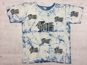 MIMI COLLECTION オールド アジア 古着 民族エスニック ネイティブ 壁画アート ムラ染め 半袖Tシャツ メンズ インド綿 青