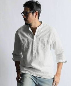 The DUFFER of ST.GEORGE 3Q COTTON/LINEN NO COLLAR SHIRT：7分袖 コットン/リネン ノーカラーシャツ M