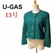 U-GAS 昭和ドレス 金ボタン ウール シルク混 ノーカラージャケット チェック柄 千鳥柄 グリーン ステージ 衣装 昭和バブル 肩パッド入り_画像1