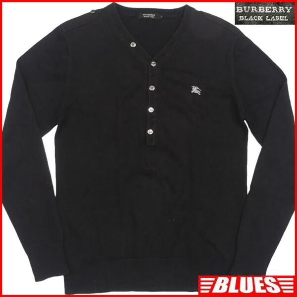 即決★BURBERRY BLACK LABEL★メンズM 廃版 ニット セーター バーバリーブラックレーベル 2 黒 ウール ヘンリーネック 刺繍