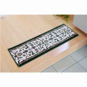 【新品】室内用 玄関マット/フロアマット 【あがり框 王朝柄 グリーン 30×110cm】 洗える 防滑加工 モケット織 〔入口 リビング〕