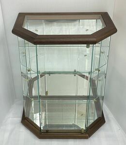 N251 ガラス ディスプレイケース(約38×26cm 高さ:48cm)鏡付き 飾り棚 コレクション インテリア 六角形 中古品