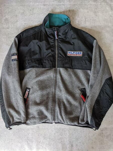 90s TOMMY HILFIGER SERIES 2 フリース グレー 黒 XL トミーヒルフィガー ヴィンテージ ジャケット ナイロン 80s アーカイブ