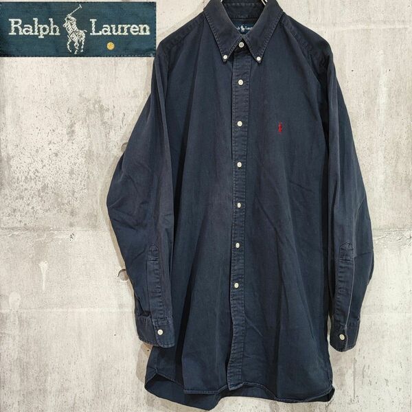 Ralph Lauren ワンポイント刺繍 ボタンダウンシャツ XL NAVY ラルフローレン 長袖 ボタンダウン ビンテージ