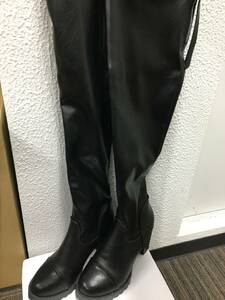 ☆23cm☆美脚 ロングブーツ　チャンキーヒール　通勤 ブラック