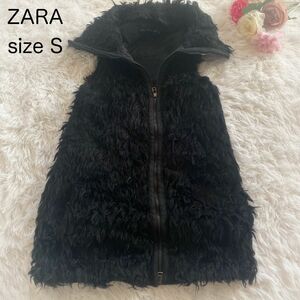 ZARA ベスト　ジレ　モヘヤ　アンゴラ　ダブルジップ　もこもこ　黒