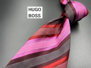 【超美品】HUGO BOSS　ヒューゴボス　レジメンタル柄　ネクタイ　3本以上送料無料　グレイピンク　0205080