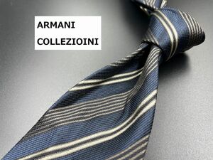 【超美品】ARMANI COLLEZIONI　アルマーニ　レジメンタル柄　ネクタイ　3本以上送料無料　ネイビー系　光沢　0205188