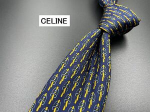 【超美品】CELINE　セリーヌ　ロゴ＆ストライプ柄　ネクタイ　3本以上送料無料　ネイビー　0205062