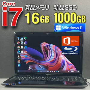 Windows11Pro★驚速i7★【新品SSD1TB(1000GB)/新品メモリ16GB/Core i7-3.2GHz】Office2019H&B/Blu-ray/Bluetooth/人気富士通ノートパソコン