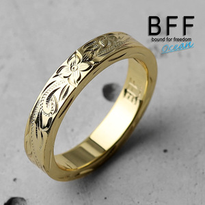 BFF ブランド プルメリア 幅4mm 平打リング ゴールド 18K GP 金色 マイレ 手彫り 専用BOX付属 (9号)