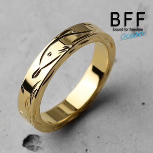 BFF ブランド ドルフィン 幅4mm 平打リング ゴールド 18K GP 金色 スクロール 手彫り 専用BOX付属 (7号)