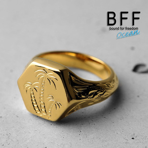 BFF ブランド パームツリー 印台リング スモール 小ぶり ゴールド 18K GP 金色 手彫り 専用BOX付属 (19号)