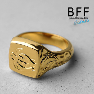 BFF ブランド タートル 印台リング スモール 小ぶり ゴールド 18K GP 金色 四角 手彫り 専用BOX付属 (16号)