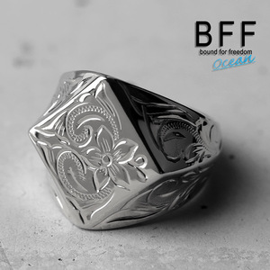 BFF ブランド プルメリア 印台リング ラージ ごつめ シルバー 18K 銀色 菱形 手彫り 専用BOX付属 (14号)