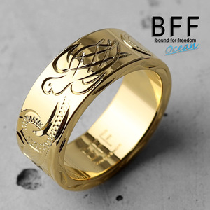 BFF ブランド タートル 幅8mm 平打リング ゴールド 18K GP 金色 ウミガメ 手彫り 専用BOX付属 (19号)