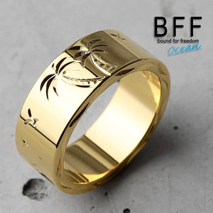 BFF ブランド パームツリー 幅8mm 平打リング ゴールド 18K GP 金色 ヤシの木 手彫り 専用BOX付属 (12号)