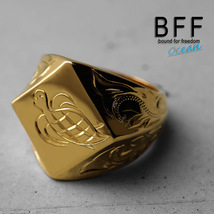 BFF ブランド タートル 印台リング ラージ ごつめ ゴールド 18K GP 金色 菱形 手彫り 専用BOX付属 (23号)_画像1