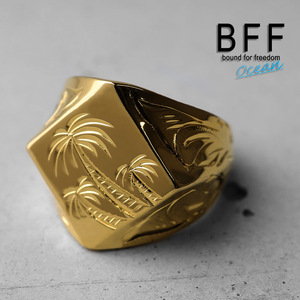 BFF ブランド パームツリー 印台リング ラージ ごつめ ゴールド 18K GP 金色 菱形 手彫り 専用BOX付属 (12号)