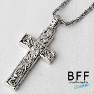 BFF ブランド クロスネックレス シルバー 銀色 Sサイズ プルメリア 十字架 彫金 手彫り 専用BOX付属 (60cm)