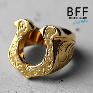 BFF ブランド 馬蹄 印台リング ホースシュー ゴールド 18K GP gold 蹄鉄 幸運 手彫り 専用BOX付属 (19号)