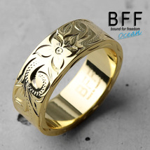 BFF ブランド プルメリア 幅8mm 平打リング ゴールド 18K GP 金色 マイレ 手彫り 専用BOX付属 (14号)_画像1