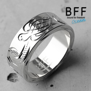 BFF ブランド タートル 幅8mm 平打リング シルバー 銀色 ウミガメ ペア 手彫り 専用BOX付属 (14号)