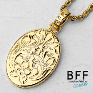 BFF ブランド オーバルネックレス ゴールド 18K GP 金色 プルメリア 彫金 手彫り 専用BOX付属 (45cmチェーン)