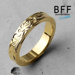 BFF ブランド タートル 幅4mm 平打リング ゴールド 18K GP 金色 ウミガメ 手彫り 専用BOX付属 (23号)