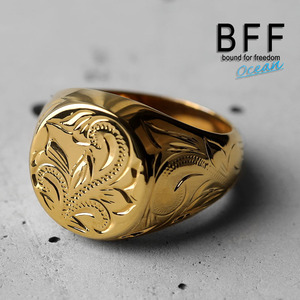 BFF ブランド プルメリア 印台リング ラージ ごつめ ゴールド 18K GP 金色 丸型 手彫り 専用BOX付属 (21号)