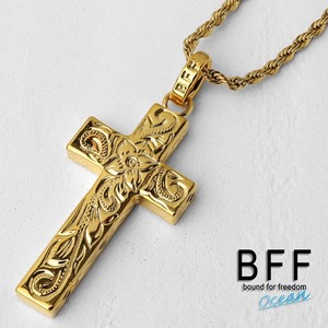 BFF ブランド クロスネックレス ゴールド 18K GP 金色 S プルメリア 十字架 手彫り 専用BOX付属 (50cm)