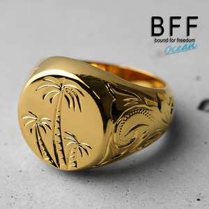 BFF ブランド パームツリー 印台リング ラージ ごつめ ゴールド 18K GP 金色 丸型 手彫り 専用BOX付属 (14号)