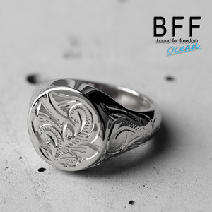 BFF ブランド プルメリア 印台リング スモール 小ぶり シルバー 18K 銀色 丸型 手彫り 彫金 専用BOX付属 (14号)