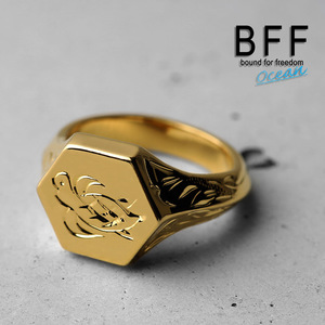 BFF ブランド タートル 印台リング スモール 小ぶり ゴールド 18K GP 金色 六角形 手彫り 専用BOX付属 (8号)