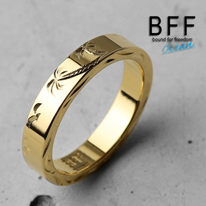 BFF ブランド パームツリー 幅4mm 平打リング ゴールド 18K GP 金色 ヤシの木 手彫り 専用BOX付属 (9号)