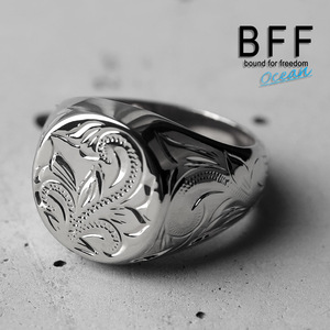 BFF ブランド プルメリア 印台リング ラージ ごつめ シルバー 18K 銀色 丸型 手彫り 彫金 専用BOX付属 (14号)