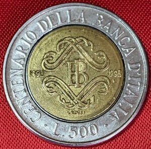 イタリア　500リラ・複金属貨　1993年　100周年記念貨　【流通品】　　　玉ちゃんNo.2420