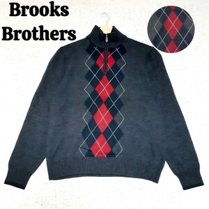 美品 Brooks Brothers ブルックスブラザーズ ハーフジップ ニット セーター ウール100% グレー アーガイル メンズ Sサイズ ゴルフウェア 