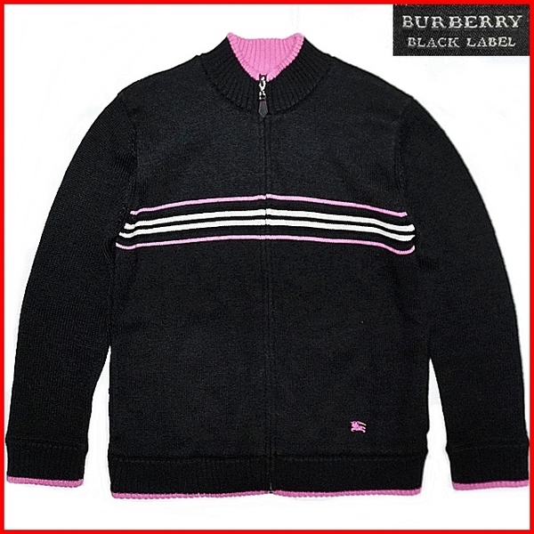 即決★BURBERRY BLACK LABEL★メンズ3≒L位 ジップアップセーター バーバリーブラックレーベル 廃番 ブラック ニット ナイト刺 三陽商会