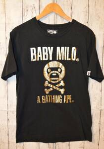 ◆アベイシングエイプ A BATHING APE ベビーマイロ BABY MILO 半袖 ビッグロゴ プリント Tシャツ M 黒金