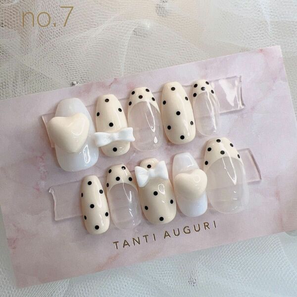 ネイルチップ 即購入◎オーダー◎ フレンチガーリー ドット ハート リボン 韓国 ワンホン 量産型
