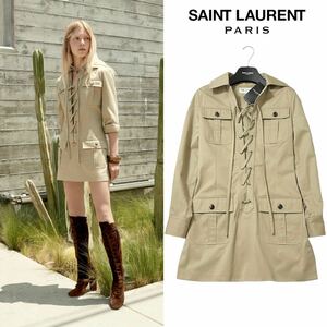 希少品 Saint Laurent サンローラン 2020リゾートコレクション Lace-Up Safari Dress レースアップ サファリドレス ベージュ