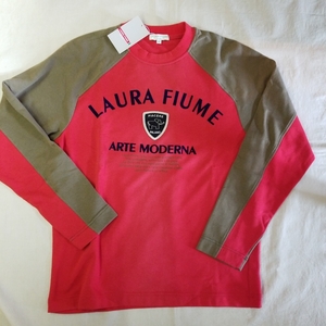 新品LAURA FIUMEメンズ/長袖Tシャツ秋冬物/48(Lサイズ)定価18900円ラグラン袖切り替えレッド/ブラウン/日本製