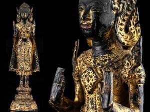 【流】仏教美術 スコータイ 鍍金銅仏立像 高29cm TR229