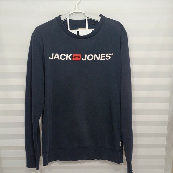 zal-97♪US古着Jack & Jones プリント スウェット トレーナーネイビー ジャックアンドジョーンズ レディース-XL